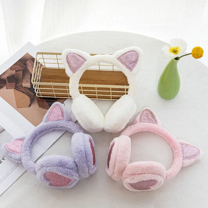 Winter Ear Muffs Plush Cat Ear Earmuffs With Heart Fur Earflaps For Girls Cold Protection - ZOOMNSTORE