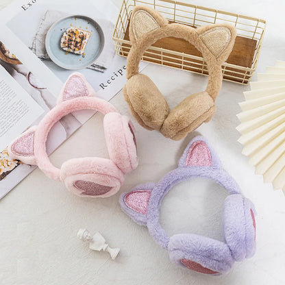 Winter Ear Muffs Plush Cat Ear Earmuffs With Heart Fur Earflaps For Girls Cold Protection - ZOOMNSTORE