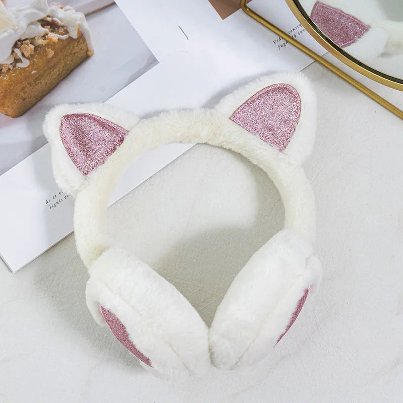 Winter Ear Muffs Plush Cat Ear Earmuffs With Heart Fur Earflaps For Girls Cold Protection - ZOOMNSTORE