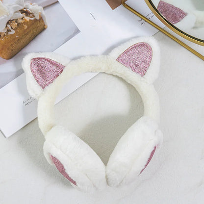Winter Ear Muffs Plush Cat Ear Earmuffs With Heart Fur Earflaps For Girls Cold Protection - ZOOMNSTORE