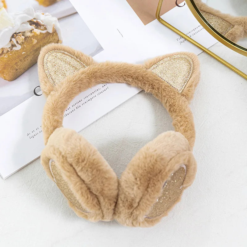 Winter Ear Muffs Plush Cat Ear Earmuffs With Heart Fur Earflaps For Girls Cold Protection - ZOOMNSTORE
