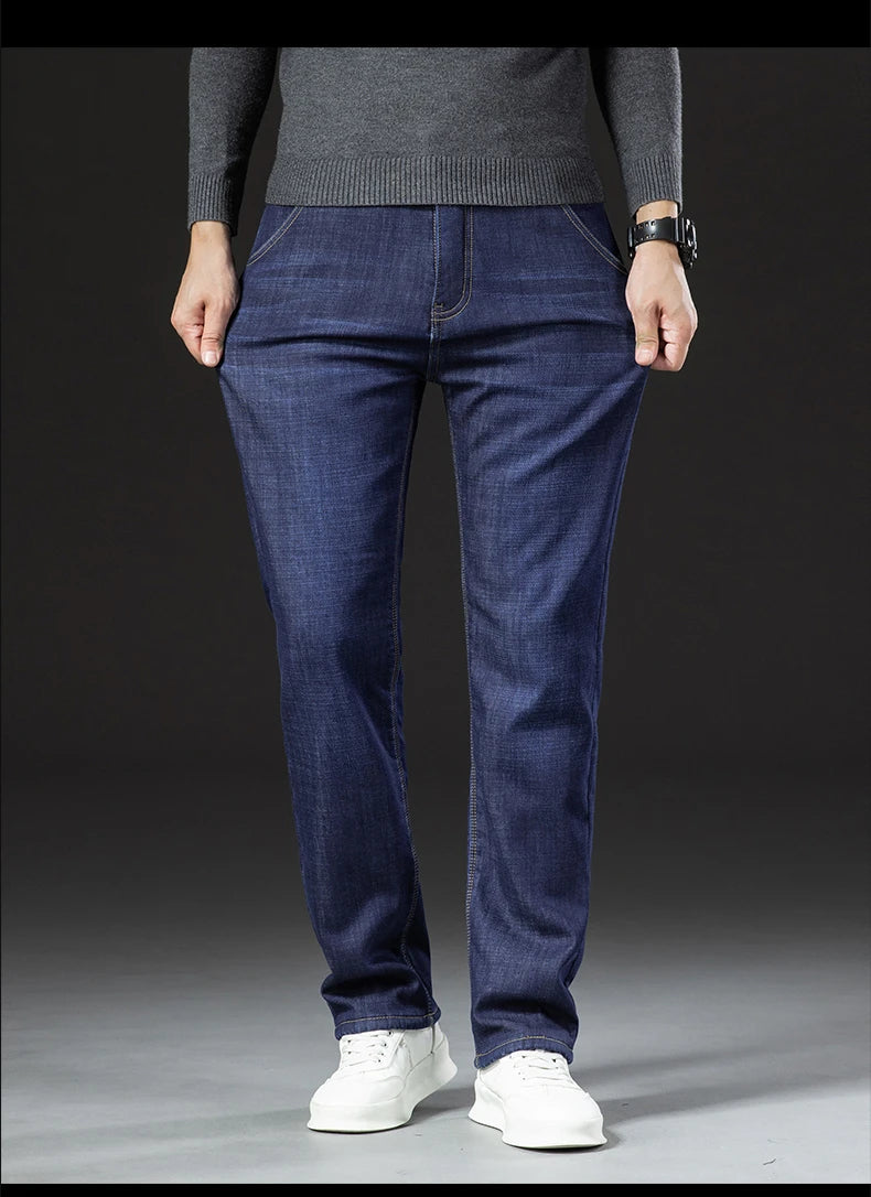 Winter Lamb Fluff Denim Straight Pants Men Thicken Big Size 40 Jeans High Waist Stretch Jeansy Fleece Lined Warm Slim Vaqueros - ZOOMNSTORE