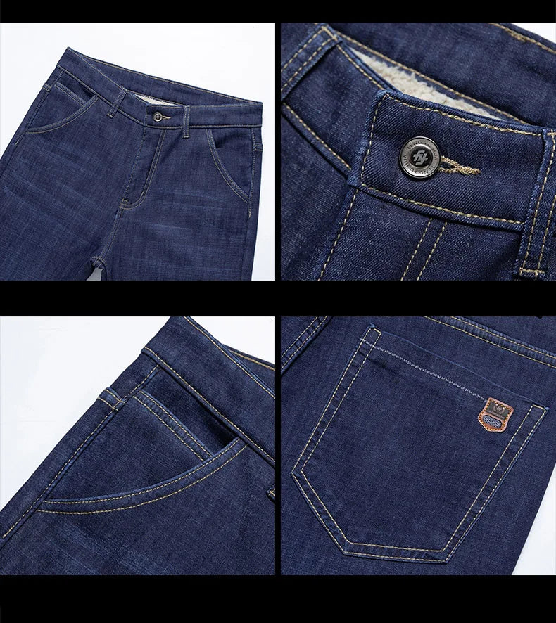 Winter Lamb Fluff Denim Straight Pants Men Thicken Big Size 40 Jeans High Waist Stretch Jeansy Fleece Lined Warm Slim Vaqueros - ZOOMNSTORE