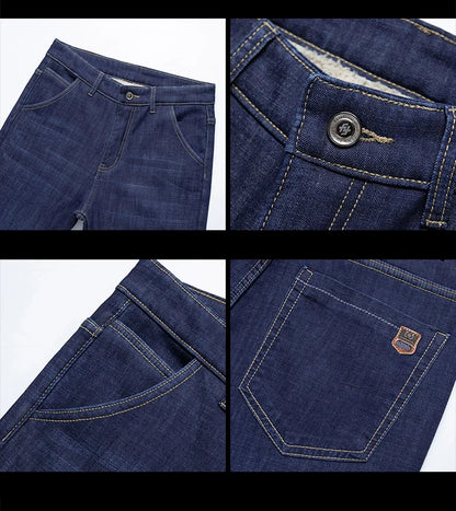 Winter Lamb Fluff Denim Straight Pants Men Thicken Big Size 40 Jeans High Waist Stretch Jeansy Fleece Lined Warm Slim Vaqueros - ZOOMNSTORE