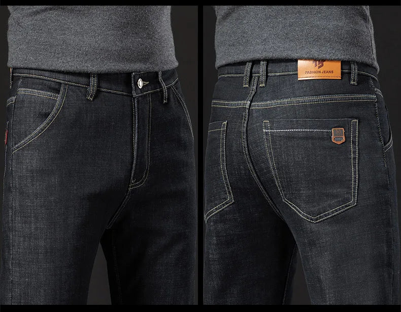Winter Lamb Fluff Denim Straight Pants Men Thicken Big Size 40 Jeans High Waist Stretch Jeansy Fleece Lined Warm Slim Vaqueros - ZOOMNSTORE