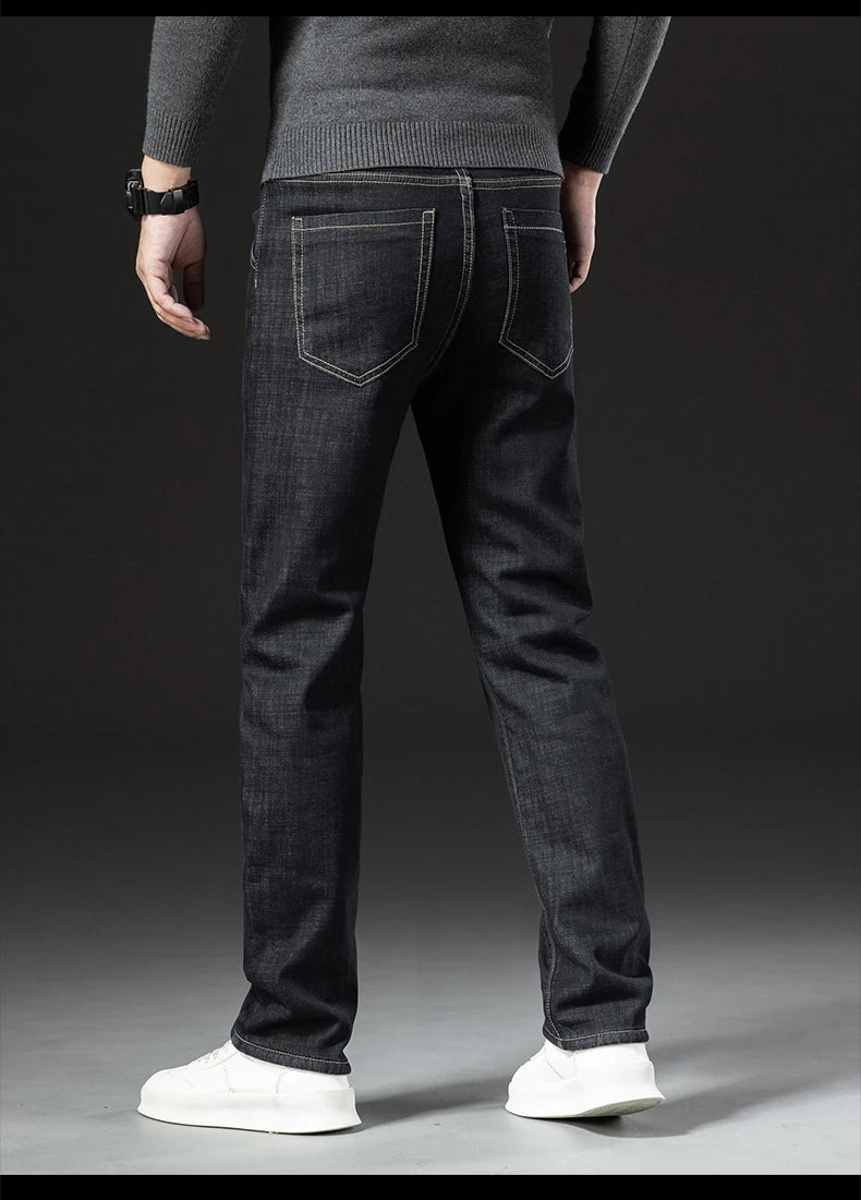 Winter Lamb Fluff Denim Straight Pants Men Thicken Big Size 40 Jeans High Waist Stretch Jeansy Fleece Lined Warm Slim Vaqueros - ZOOMNSTORE