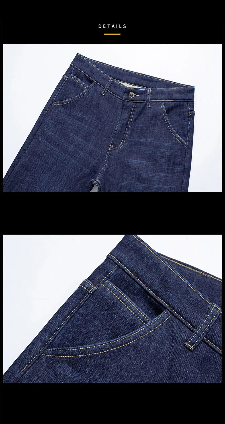 Winter Lamb Fluff Denim Straight Pants Men Thicken Big Size 40 Jeans High Waist Stretch Jeansy Fleece Lined Warm Slim Vaqueros - ZOOMNSTORE