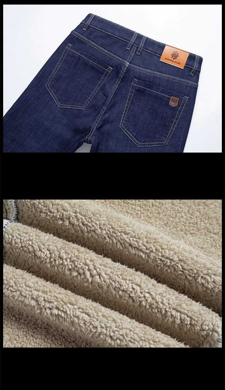 Winter Lamb Fluff Denim Straight Pants Men Thicken Big Size 40 Jeans High Waist Stretch Jeansy Fleece Lined Warm Slim Vaqueros - ZOOMNSTORE