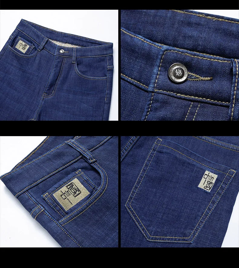 Winter Lamb Fluff Denim Straight Pants Men Thicken Big Size 40 Jeans High Waist Stretch Jeansy Fleece Lined Warm Slim Vaqueros - ZOOMNSTORE