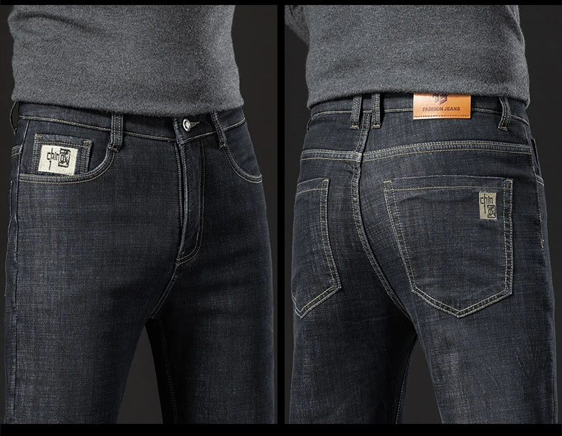 Winter Lamb Fluff Denim Straight Pants Men Thicken Big Size 40 Jeans High Waist Stretch Jeansy Fleece Lined Warm Slim Vaqueros - ZOOMNSTORE