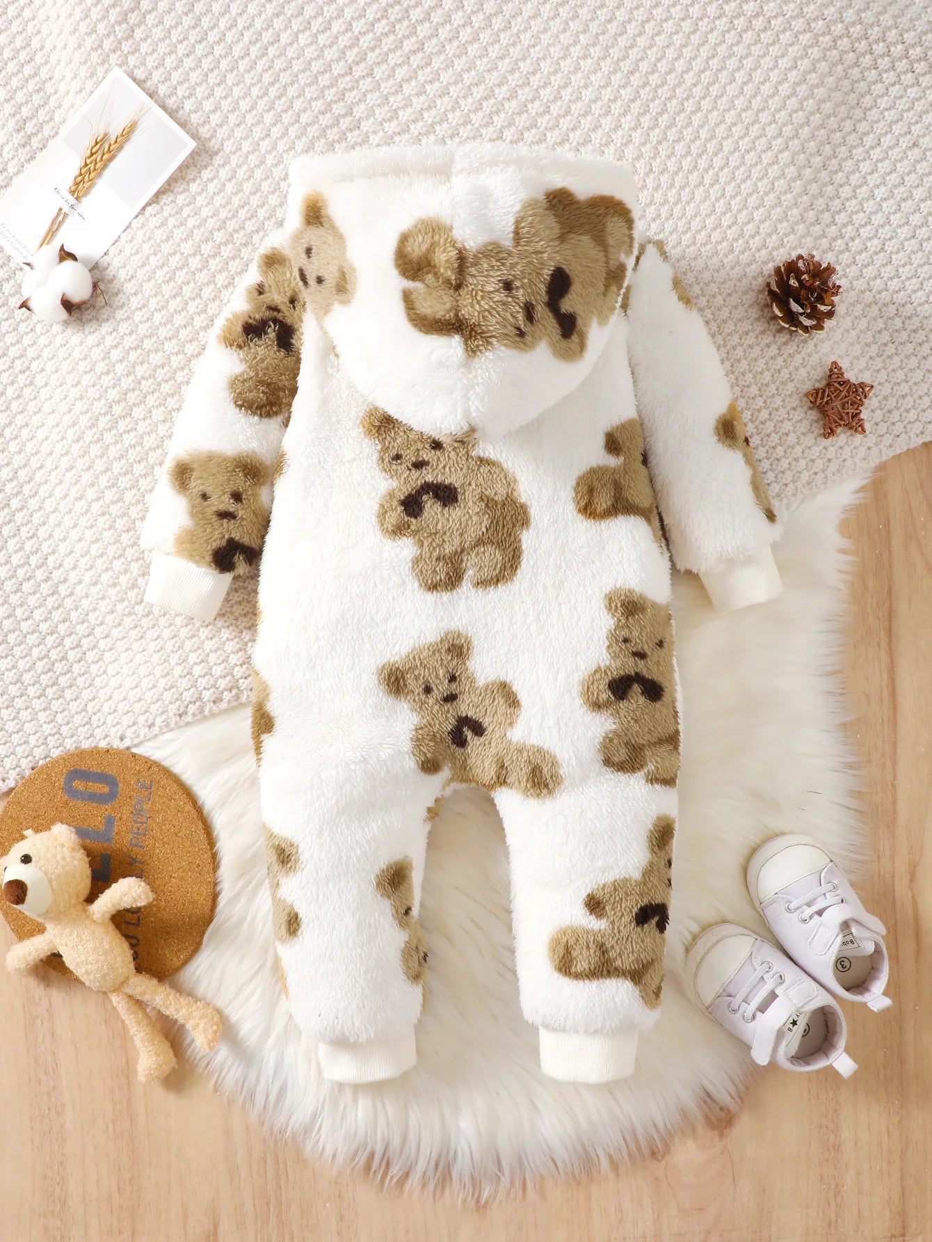 Winter baby girl fashionable casual cute cartoon small bear pattern slanted zipper hooded long sleeved plush jumpsuit - ZOOMNSTORE