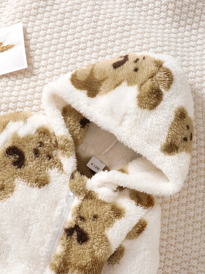 Winter baby girl fashionable casual cute cartoon small bear pattern slanted zipper hooded long sleeved plush jumpsuit - ZOOMNSTORE