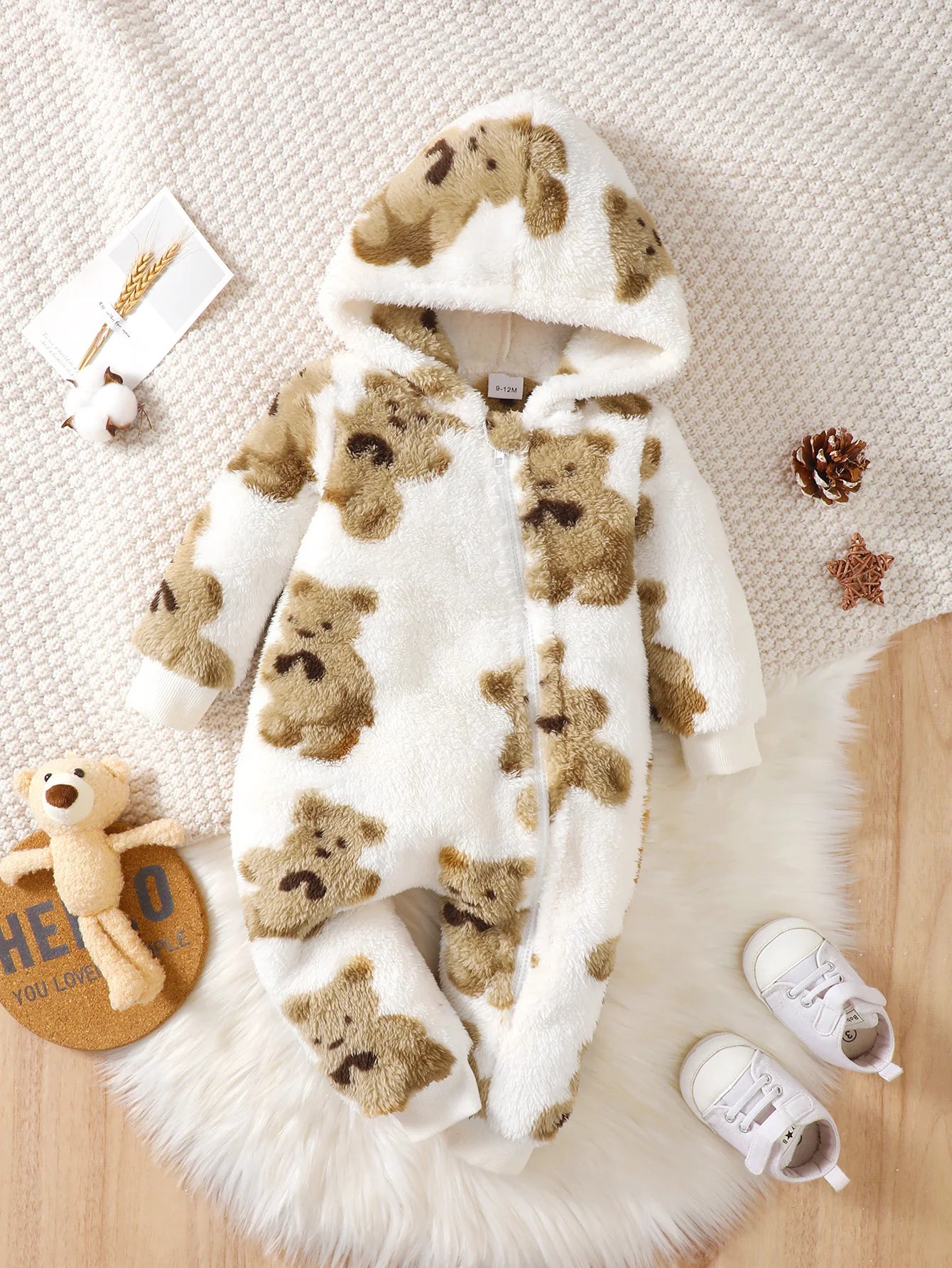 Winter baby girl fashionable casual cute cartoon small bear pattern slanted zipper hooded long sleeved plush jumpsuit - ZOOMNSTORE