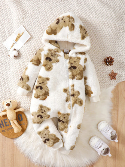 Winter baby girl fashionable casual cute cartoon small bear pattern slanted zipper hooded long sleeved plush jumpsuit - ZOOMNSTORE