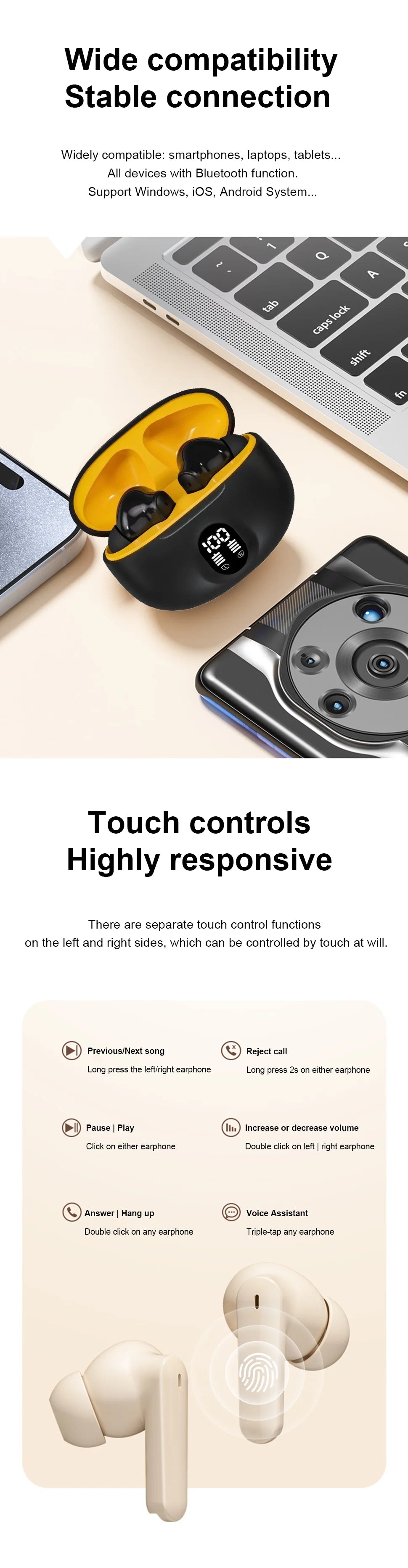 Wireless Bluetooth Earphones - Noise Cancelling TWS In-Ear Headphones HiFi Stereo - ZOOMNSTORE