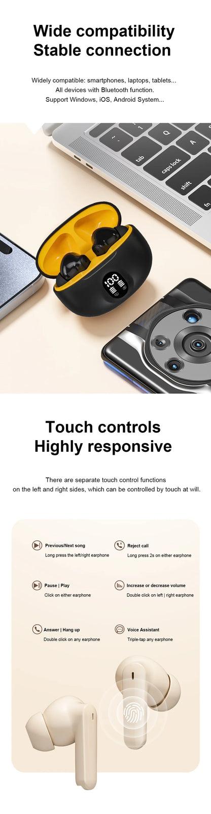 Wireless Bluetooth Earphones - Noise Cancelling TWS In-Ear Headphones HiFi Stereo - ZOOMNSTORE