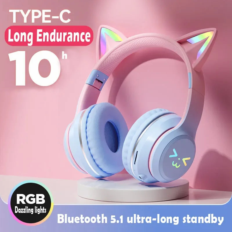 Wireless Cat Ear Headphones – Kids Gaming Headset With Microphone & RGB Lights - ZOOMNSTORE
