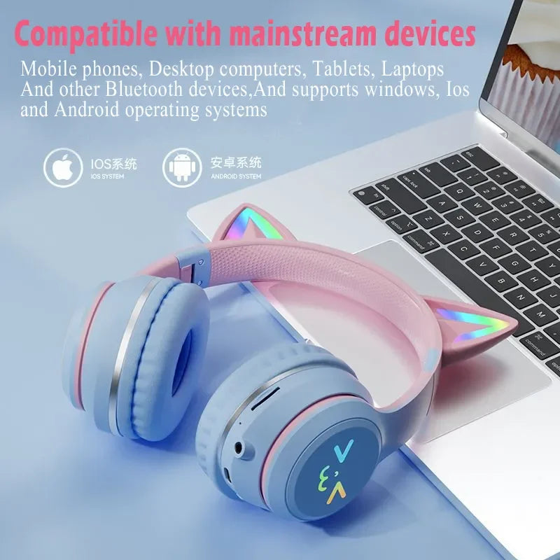 Wireless Cat Ear Headphones – Kids Gaming Headset With Microphone & RGB Lights - ZOOMNSTORE