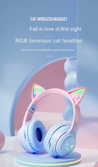 Wireless Cat Ear Headphones – Kids Gaming Headset With Microphone & RGB Lights - ZOOMNSTORE