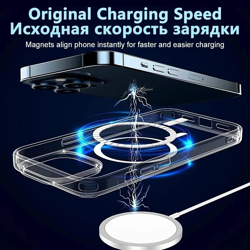 Wireless Charging Clear Phone Case - Shockproof Magnetic Cover for iPhone 11 12 13 14 15 16 17 Pro Max - ZOOMNSTORE