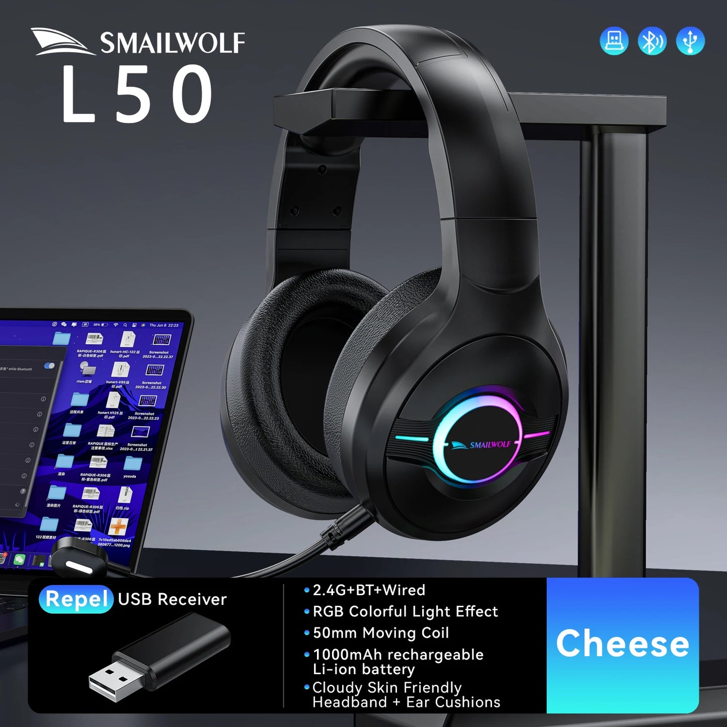 SmailWolf L80 Bluetooth Headphones - Lightweight Wireless Gaming Headset with Bass - ZOOMNSTORE