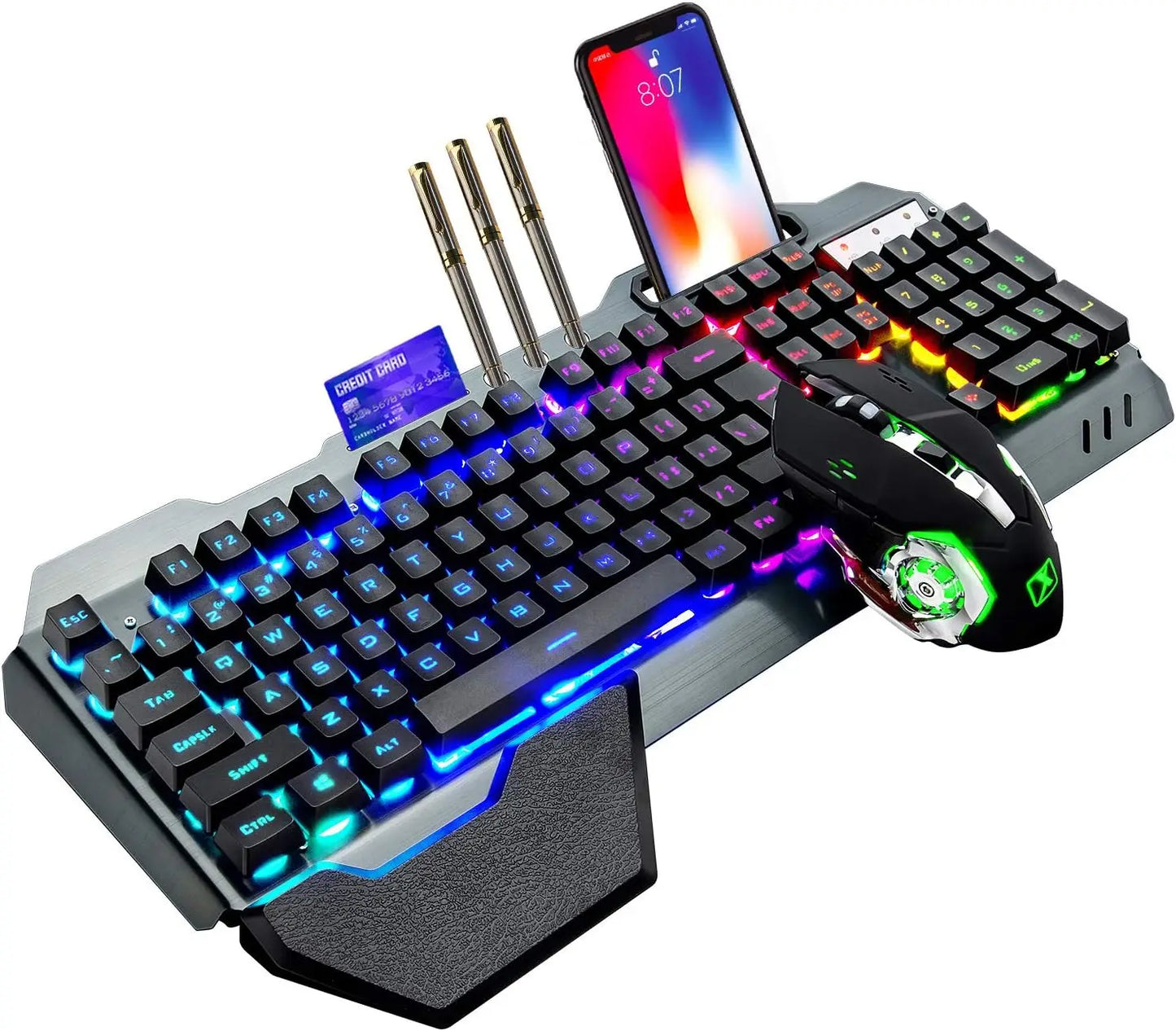 Wireless Gaming Keyboard and Mouse Combo - Rainbow LED Backlit Rechargeable Battery Metal Panel - ZOOMNSTORE