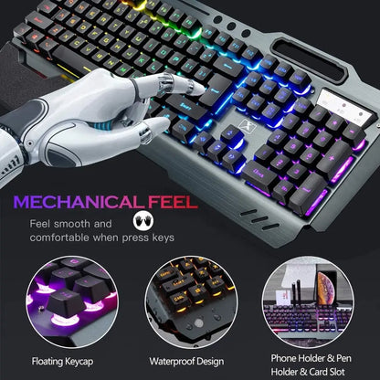 Wireless Gaming Keyboard and Mouse Combo - Rainbow LED Backlit Rechargeable Battery Metal Panel - ZOOMNSTORE