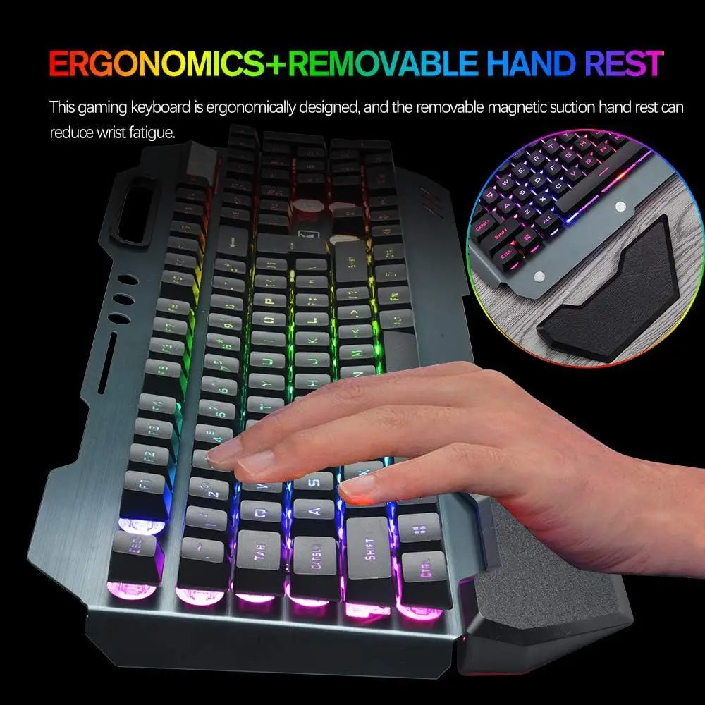 Wireless Gaming Keyboard and Mouse Combo - Rainbow LED Backlit Rechargeable Battery Metal Panel - ZOOMNSTORE