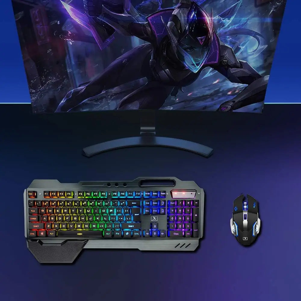 Wireless Gaming Keyboard and Mouse Combo - Rainbow LED Backlit Rechargeable Battery Metal Panel - ZOOMNSTORE