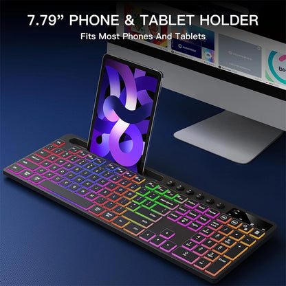 Wireless Keyboard and Mouse Combo with Backlit Full Size Ergonomic Keyboard with Phone Tablet Holder 2.4G Mouse for PC Laptop - ZOOMNSTORE