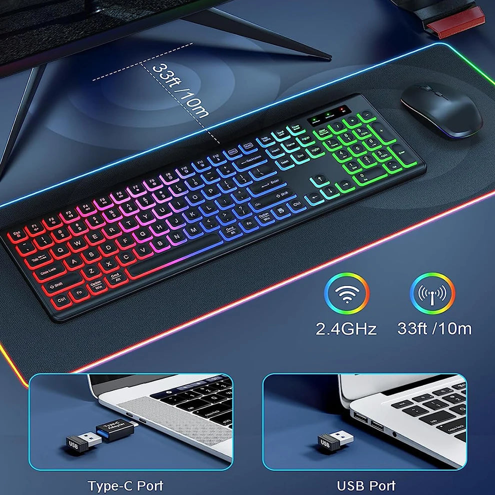 JOMAA 2.4G Wireless Keyboard Mouse Combo RGB Backlit Rechargeable Full-Size Ergonomic Type-c Wireless Keyboard Mouse Set - ZOOMNSTORE