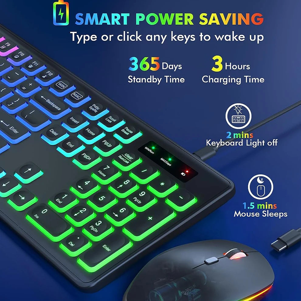JOMAA 2.4G Wireless Keyboard Mouse Combo RGB Backlit Rechargeable Full-Size Ergonomic Type-c Wireless Keyboard Mouse Set - ZOOMNSTORE