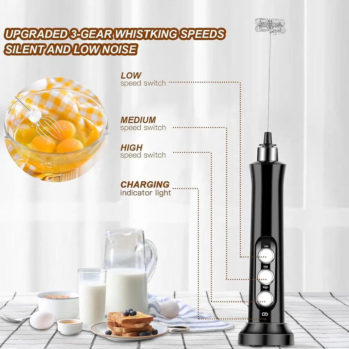 Wireless Milk Frother - Electric Handheld Foam Maker, 3 Speeds USB Rechargeable - ZOOMNSTORE