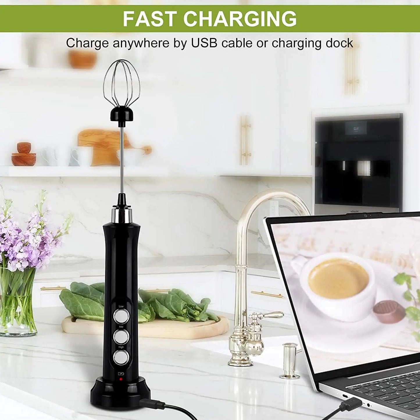 Wireless Milk Frother - Electric Handheld Foam Maker, 3 Speeds USB Rechargeable - ZOOMNSTORE