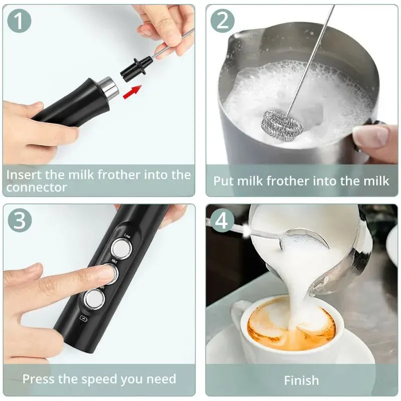 Wireless Milk Frother - Electric Handheld Foam Maker, 3 Speeds USB Rechargeable - ZOOMNSTORE