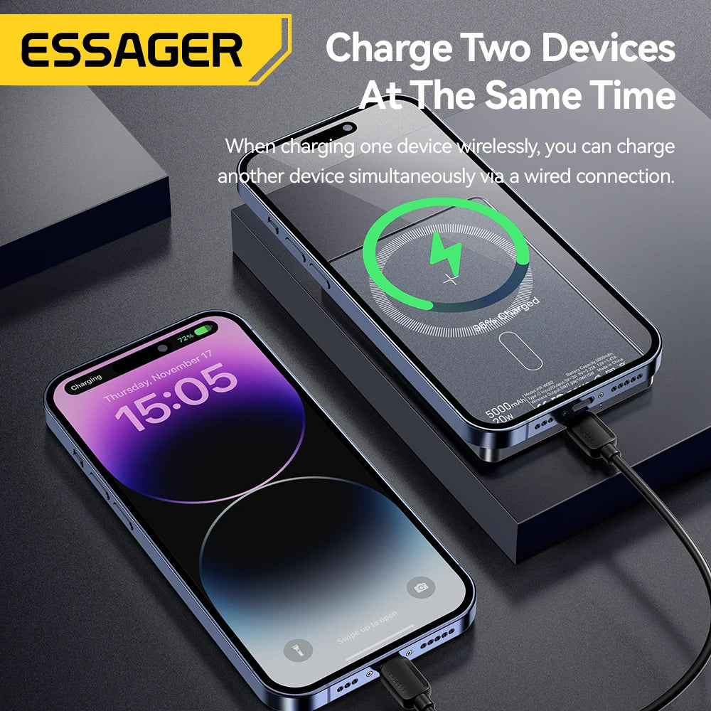 Essager Thin Wireless Power Bank Magnetic 20W 5000mAh Portable Fast Charging External Battery for Magsafe For iPhone 17 16 15 14 - ZOOMNSTORE