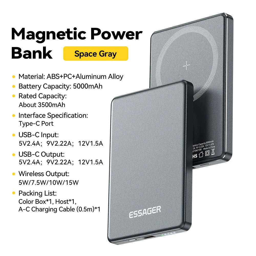Essager Thin Wireless Power Bank Magnetic 20W 5000mAh Portable Fast Charging External Battery for Magsafe For iPhone 17 16 15 14 - ZOOMNSTORE