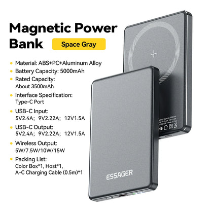 Essager Thin Wireless Power Bank Magnetic 20W 5000mAh Portable Fast Charging External Battery for Magsafe For iPhone 17 16 15 14 - ZOOMNSTORE