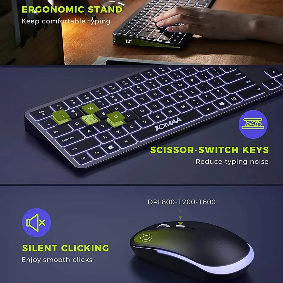 Wireless Ultra Slim Full Size Keyboard and Mouse Combo Rechargeable 2.4G USB Cordless Illuminated Keyboard & Mouse Set - ZOOMNSTORE