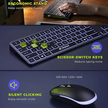 Wireless Ultra Slim Full Size Keyboard and Mouse Combo Rechargeable 2.4G USB Cordless Illuminated Keyboard & Mouse Set - ZOOMNSTORE