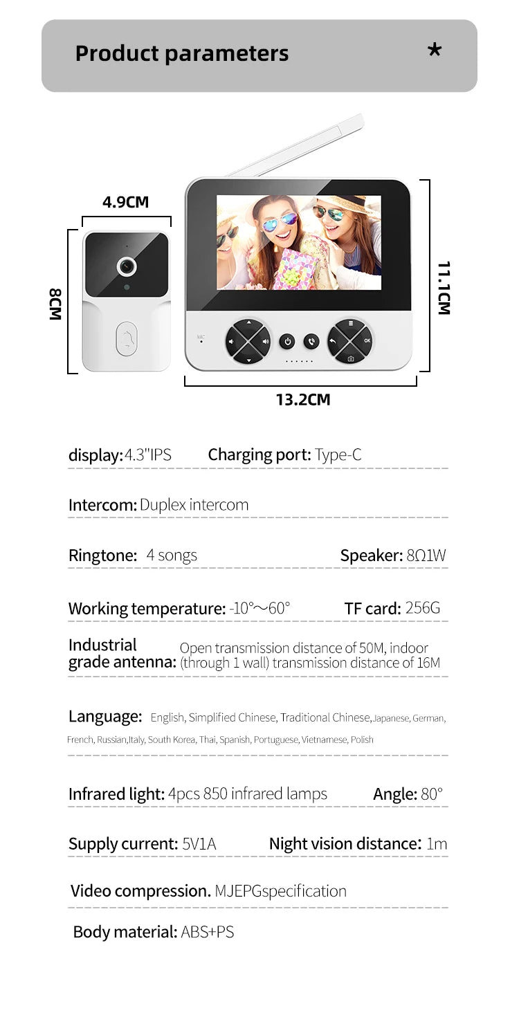 Wireless Video Doorbell - 4.3 Inch Color Display With Infrared Night Vision & Two-Way Intercom - ZOOMNSTORE