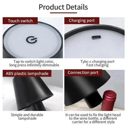 Wireless Wine Bottle Lamp - USB Rechargeable LED Table Light with Touch Control for Bar and Cafe Decor - ZOOMNSTORE