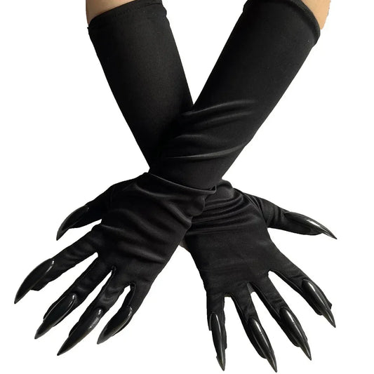 Halloween Makeup Witch Black Nail Ghost Cat Demon Paw Gloves Cosplay Black Elastic Satin Stage Performance Women Long Mittens - ZOOMNSTORE