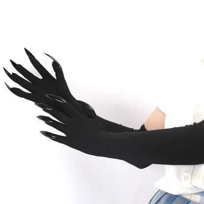 Halloween Makeup Witch Black Nail Ghost Cat Demon Paw Gloves Cosplay Black Elastic Satin Stage Performance Women Long Mittens - ZOOMNSTORE