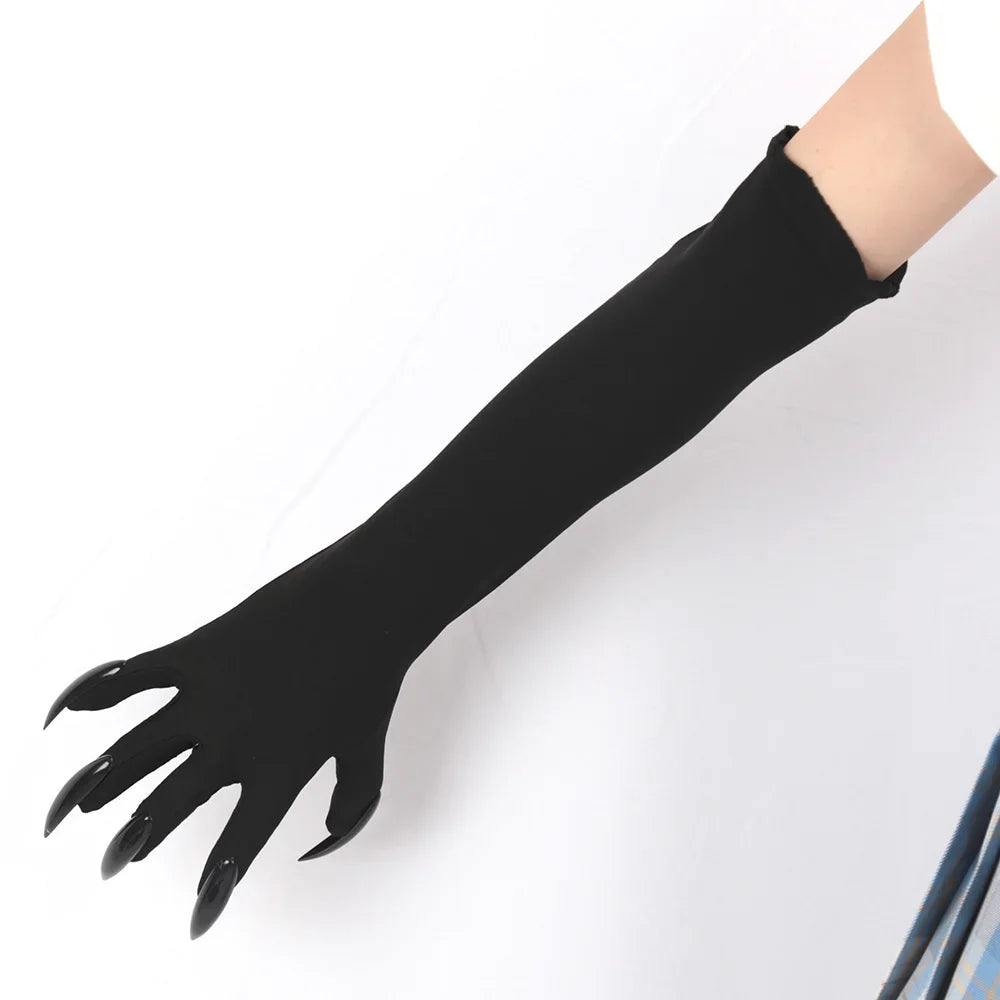 Halloween Makeup Witch Black Nail Ghost Cat Demon Paw Gloves Cosplay Black Elastic Satin Stage Performance Women Long Mittens - ZOOMNSTORE