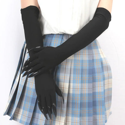 Halloween Makeup Witch Black Nail Ghost Cat Demon Paw Gloves Cosplay Black Elastic Satin Stage Performance Women Long Mittens - ZOOMNSTORE