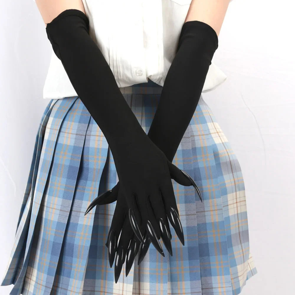 Halloween Makeup Witch Black Nail Ghost Cat Demon Paw Gloves Cosplay Black Elastic Satin Stage Performance Women Long Mittens - ZOOMNSTORE