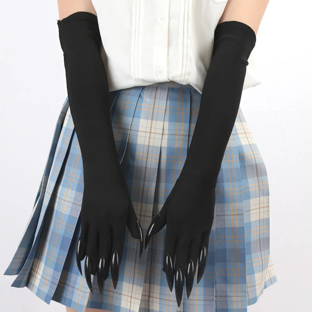 Halloween Makeup Witch Black Nail Ghost Cat Demon Paw Gloves Cosplay Black Elastic Satin Stage Performance Women Long Mittens - ZOOMNSTORE