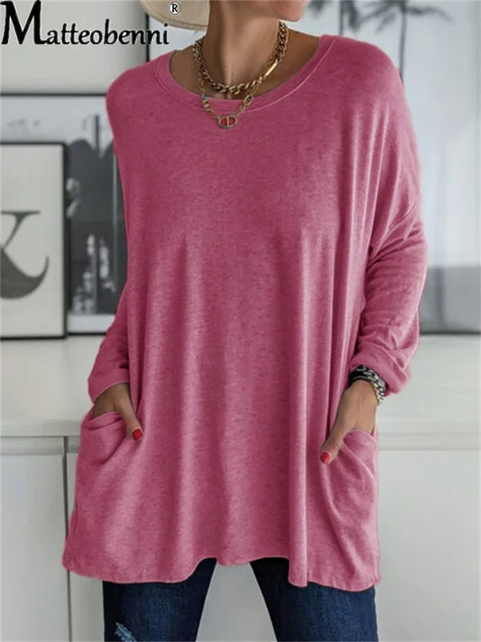 Women Autumn Tunic Top - Loose Fit Tee With Pockets | Casual Streetwear Pullover - ZOOMNSTORE
