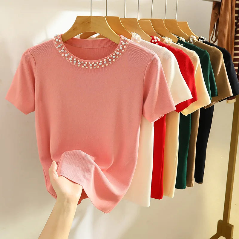 Summer Womens Ice Silk Knit T-Shirt - Short Sleeve Round Neck Pullover Tee - ZOOMNSTORE